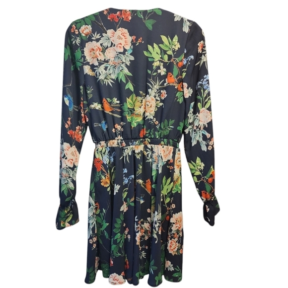 Express Long Sleeve V Neck Dress Blue Floral Birds Tropical Mini Length Small - Picture 7 of 11